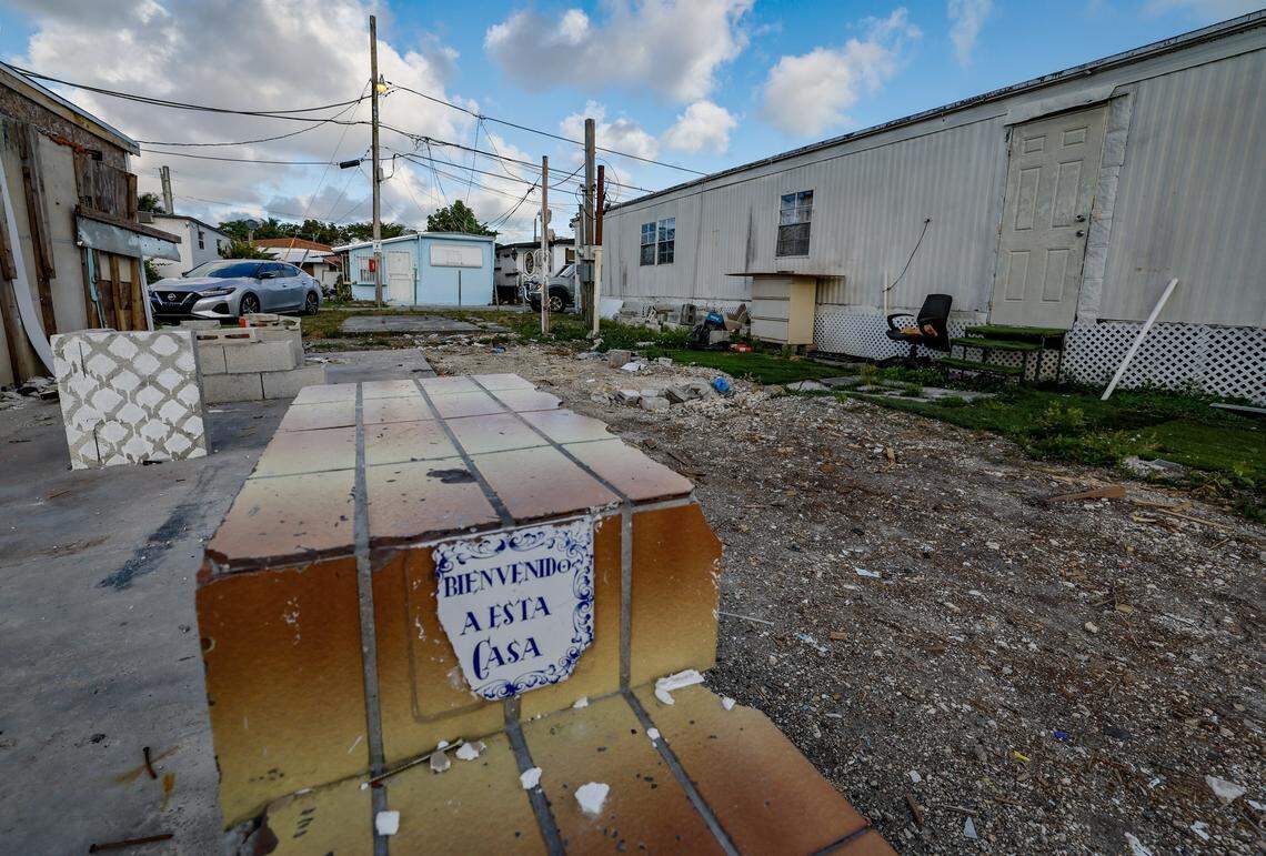 The front steps of a mobile home is all that remains after the tenants dismantled the trailer at Little Havana's Silver Court Mobile Home Park in Miami, Florida, on Friday, April 17, 2026. The tenants receive more compensation if they leave the lot bare.