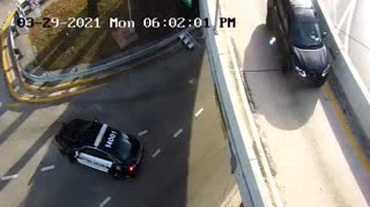 A Miami Beach police car blocks cars on Fifth Street from entering the westbound MacArthur Causeway after Monday afternoon’s crash.