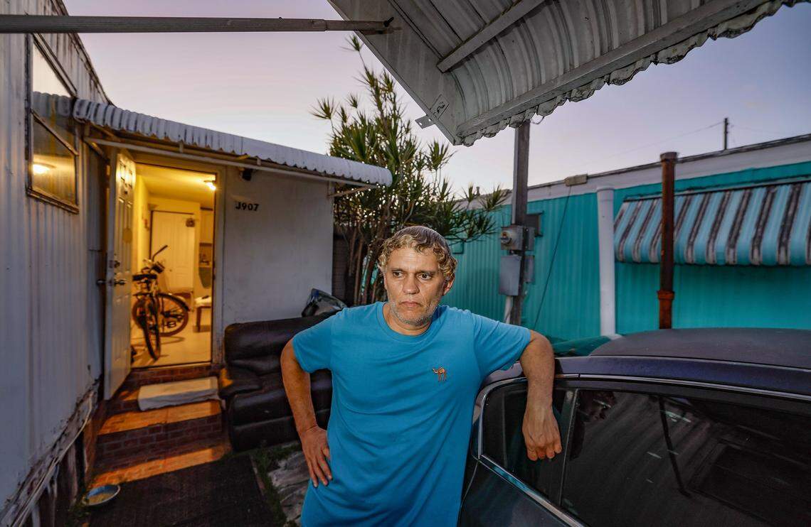 Tenant, Joseph Madera, stands outside his home at Silver Court Mobile Home Park at 3170 SW 8th Street in Miami, Florida, on Friday, April 17, 2026. The trailer park is closing and 200 families are being evicted to make room for development.  