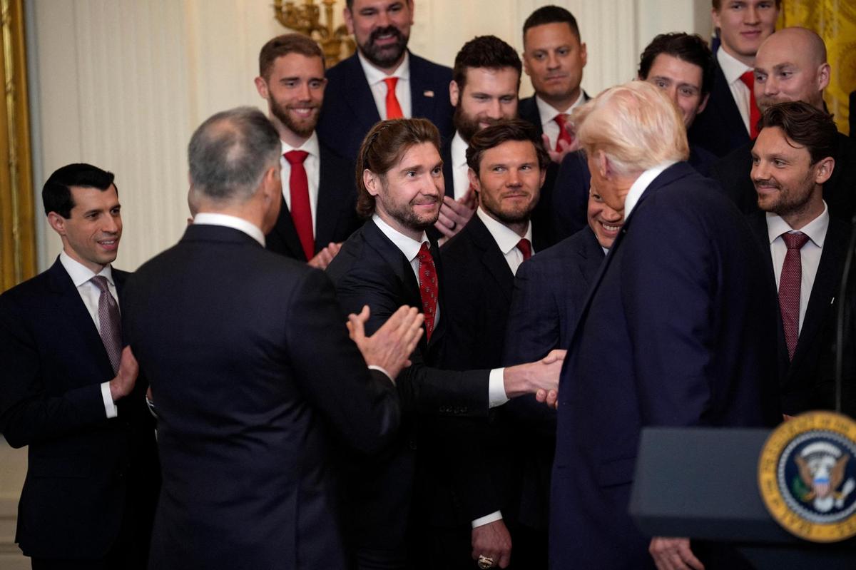 President Donald Trump welcomes the Florida Panthers NHL hockey team to celebrate their 2024 Stanley Cup win at the White House in Washington on February 3, 2025.