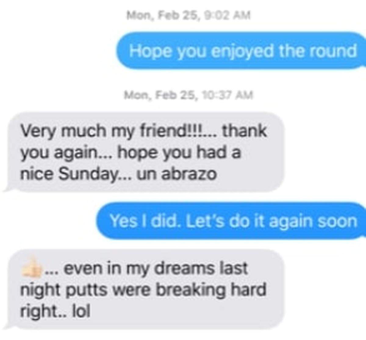 An image of a Feb. 25, 2019 text exchange between Jorge Mas, the MasTec chairman and lead partner for David Beckham’s stadium venture in Miami, and Carlos Gimenez, the mayor of Miami-Dade County.