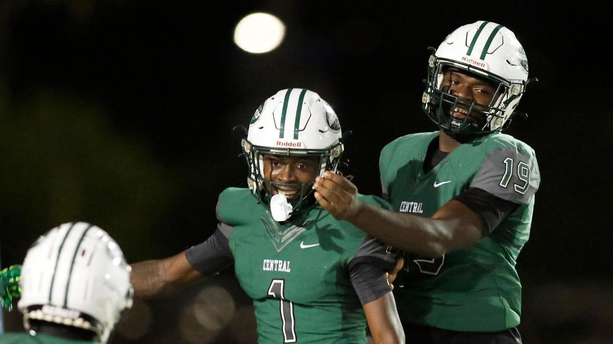 Miami Central Rockets wide receiver Lawayne McCoy (1) celebrates a touchdown against Booker T Tornadoes during the regional semifinal football game on Friday, November 17, 2023 at Traz Powell Stadium in Miami. Andrew Uloza / for Miami Herald
