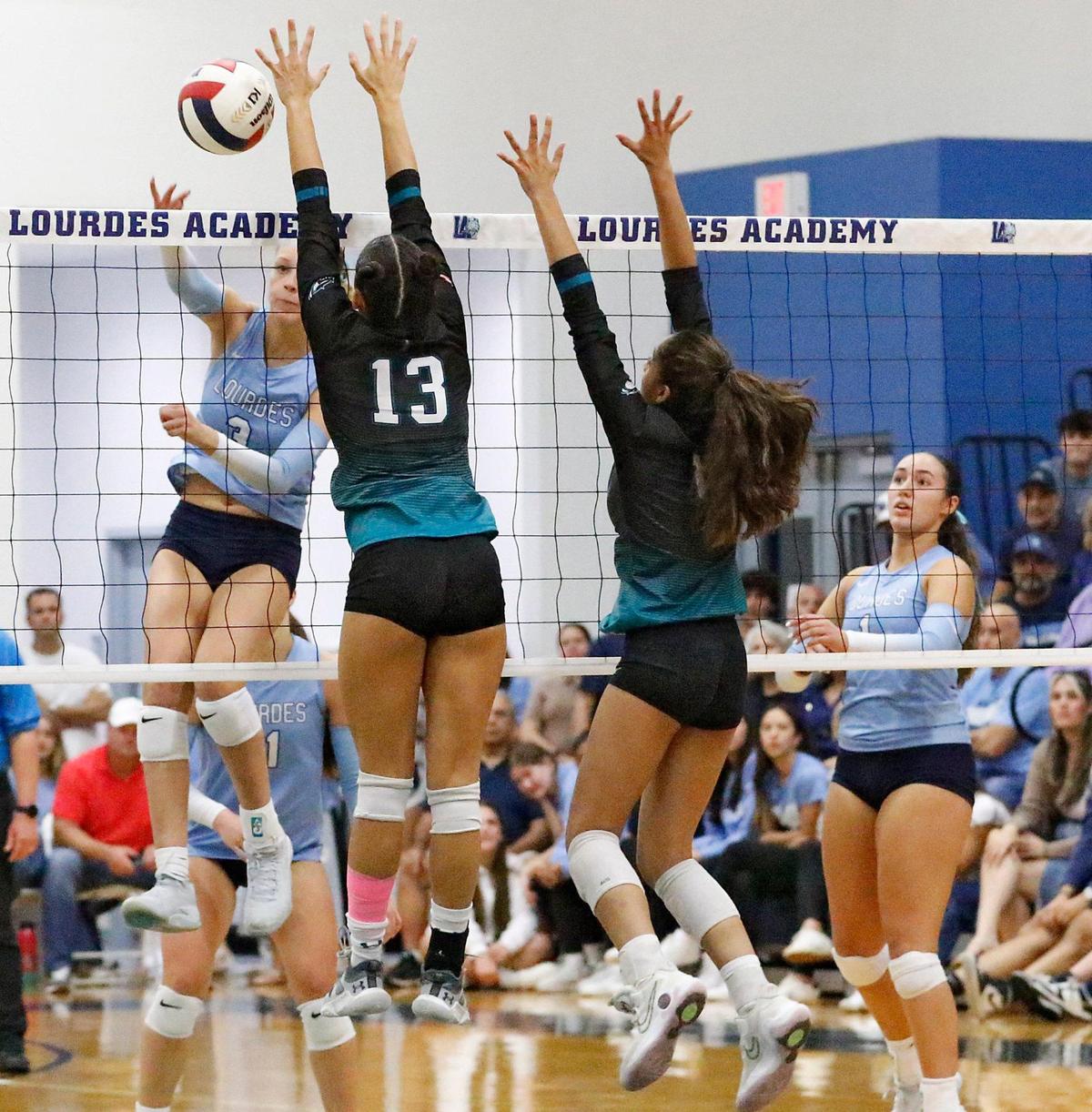 Our Lady of Lourdes Academy Bobcats Oliva Guzman (3) hits against Archbishop McCarthy Mavericks during 2024 FHSAA Girls Volleyball State Championship on Wednesday, October 30, 2024 at Our Lady of Lourdes Academy in Miami. Andrew Uloza / for Miami Herald