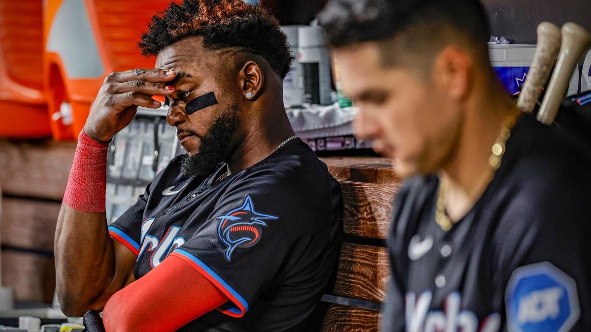 Miami Marlins shortstop Vidal Bruján (17) sits on the bench during the top of the ninth inning as the Marlins trail the Atlanta Braves at loanDepot park in Miami, Florida on Friday, April 12, 2024.