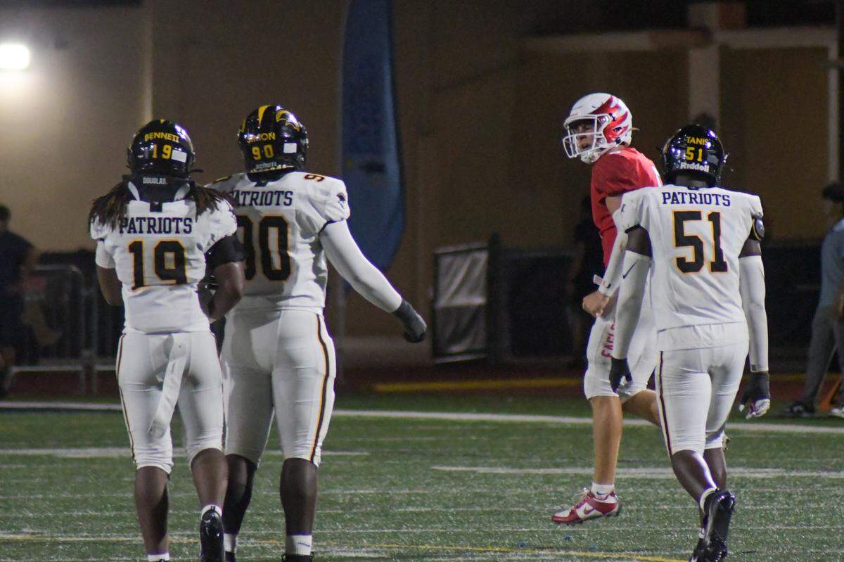 Milton quarterback Luke Nickel reacts after throwing a game-sealing touchdown pass in the fourth quarter against American Heritage on Friday, Aug. 23, 2024, in a Broward County High School National Football Showcase game at St. Thomas Aquinas in Fort Lauderdale, Florida.