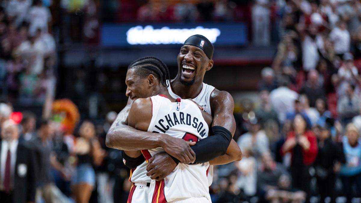 Miami Heat center Bam Adebayo (13) hugs guard Josh Richardson (0) after the defeated the Houston Rockets during their NBA game at the Kaseya Center on Monday, Jan. 8, 2024, in downtown Miami, Fla.
