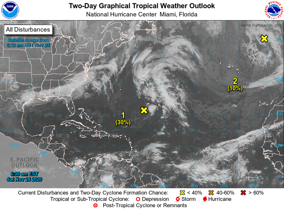The National Hurricane Center’s 7 a.m. Saturday, Nov. 28, 2020 advisory map eyes two disturbances in the Atlantic.