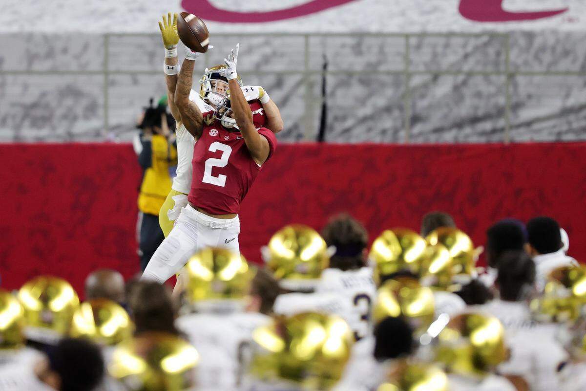 Patrick Surtain II #2 of the Alabama Crimson Tide breaks up a pass intended for Ben Skowronek #11 of the Notre Dame Fighting Irish during the fourth quarter in the 2021 College Football Playoff Semifinal Game at the Rose Bowl Game presented by Capital One at AT&T Stadium on January 01, 2021 in Arlington, Texas.