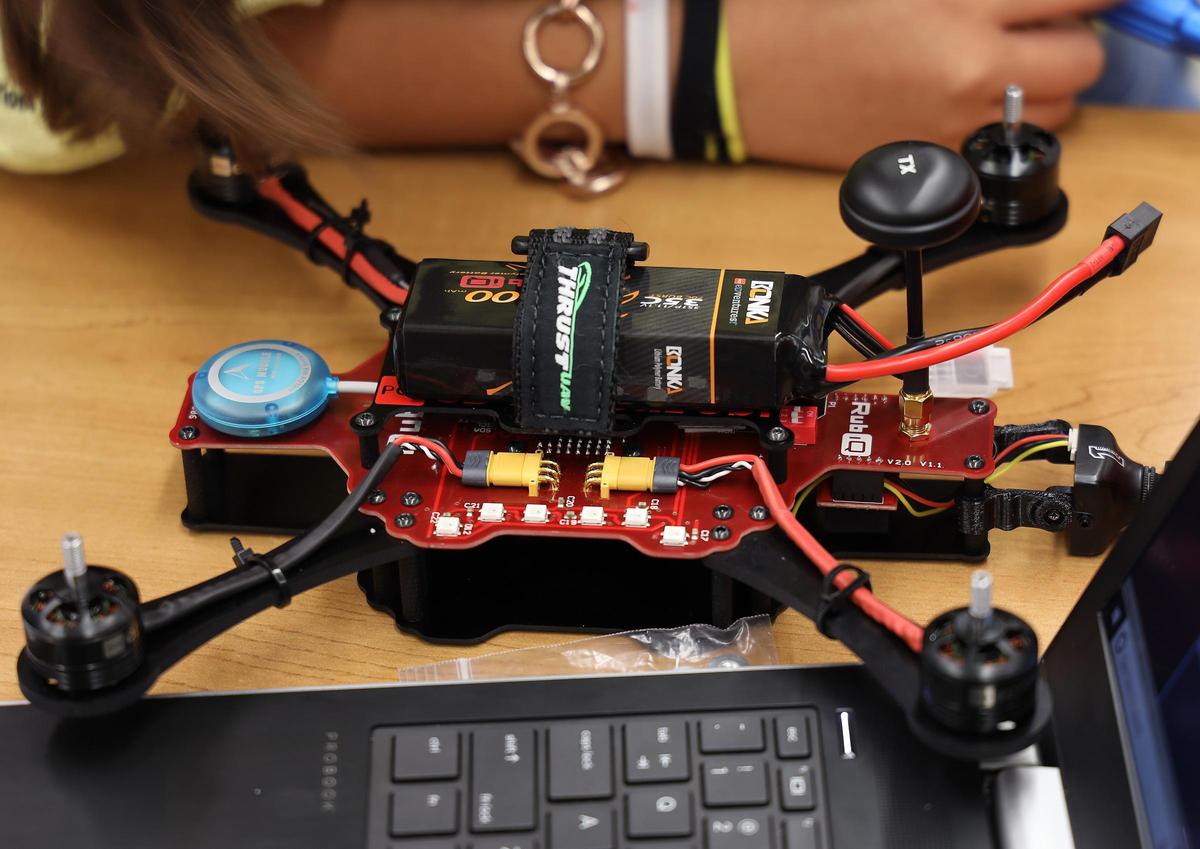 A drone built by middle school students at Ruben Dario School wait for its programming. Florida Power & Light Company and After-School All-Stars South Florida hosted the program, called Discover Drones, to teach middle school students a world of innovation and technology through drones on Wednesday, July 24, 2019 at Ruben Dario Middle School in Miami, Florida.