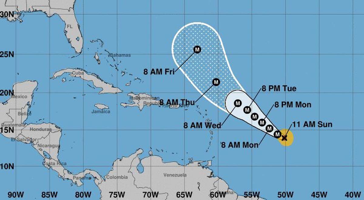 The conical track of Hurricane Sam at the 11 a.m. Sunday update