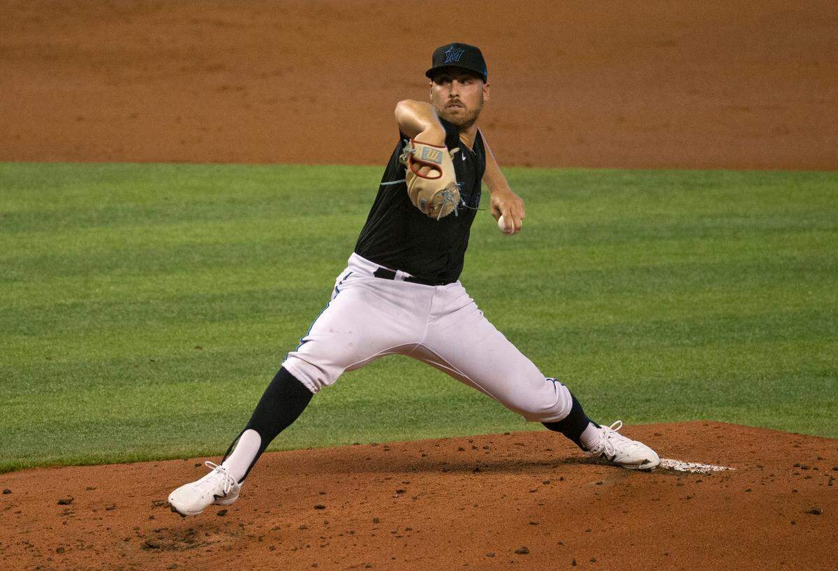 Miami Marlins pitcher Daniel Castano (72) pitches against the Atlanta Braves during the second inning of a Major League Baseball game against the Atlanta Braves at Marlins Park in Miami on Saturday, August 15, 2020.