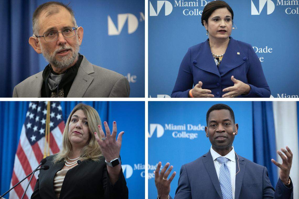 The four finalists in the Miami Dade College presidency search, top row, left to right: Morgan Phillips of Pima Community College and Lenore Rodicio of Miami Dade College; bottom row, left to right: Madeline Pumariega of Tallahassee Community College and Gregory Fowler of Southern New Hampshire University.