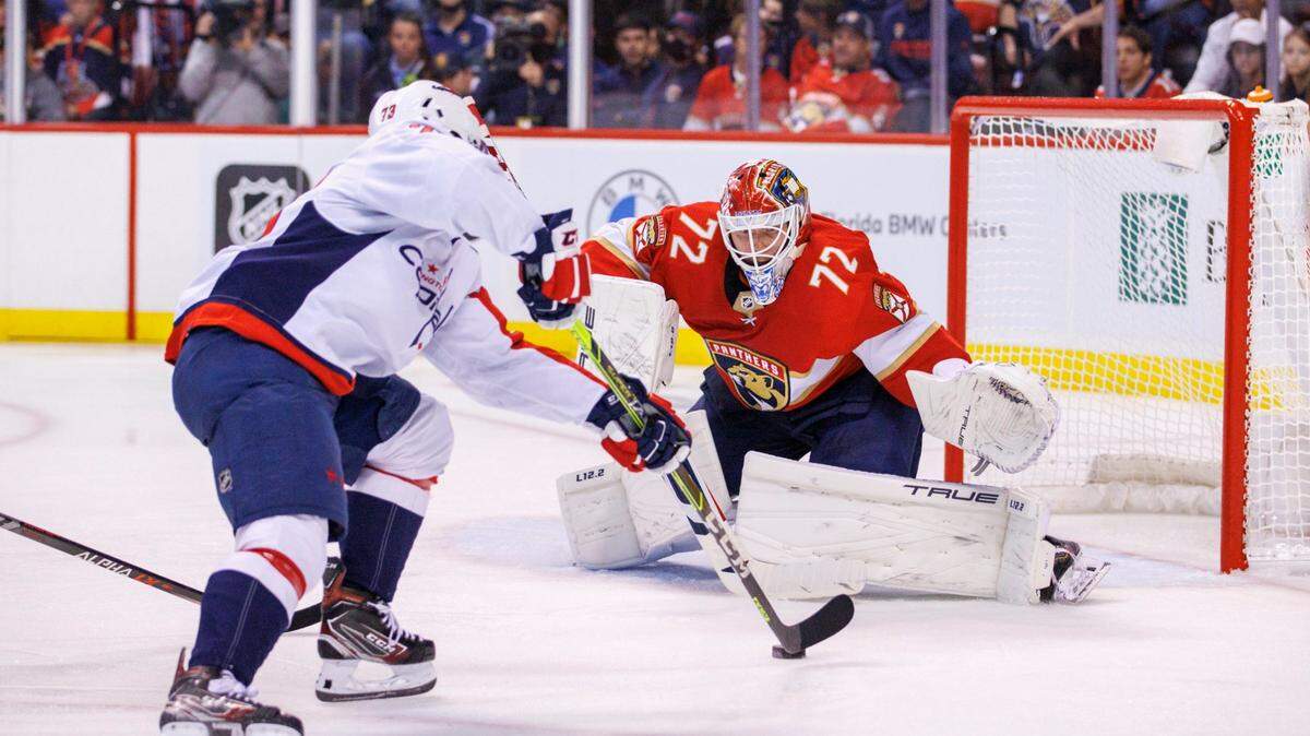 Florida Panthers goaltender Sergei Bobrovsky (72) defends the goal from Washington Capitals left wing Conor Sheary (73) during the second period of Game 1 of a first round NHL Stanley Cup series at FLA Live Arena on Tuesday, May 3, 2022 in Sunrise, Fl.
