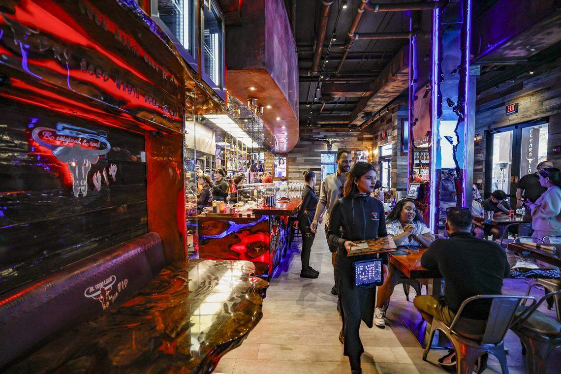 The dining room of El Toro Loco Steakhouse restaurant on Calle Ocho in Little Havana.