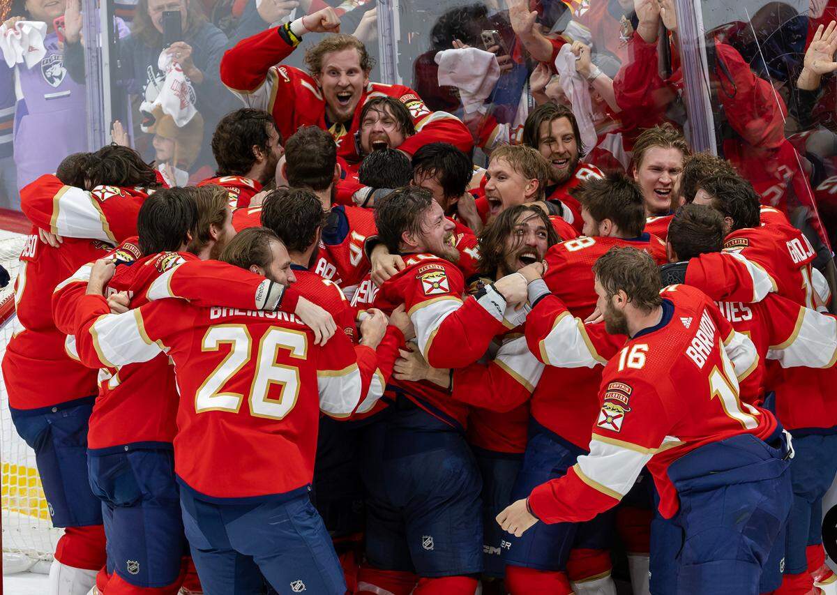 Florida Panthers players celebrates after winning Stanley Cup over the Edmonton Oilers in Game 7 of the NHL Stanley Cup Final at the Amerant Bank Arena on Monday, June 24, 2024, in Sunrise, Fla.