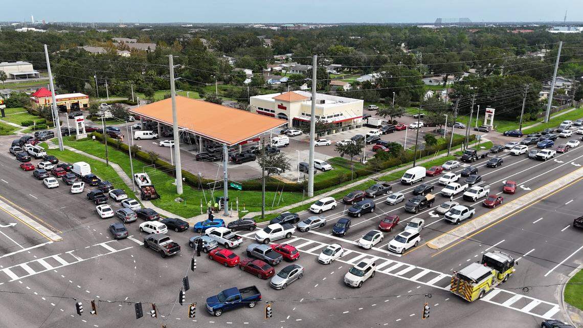 Cars lineup for fuel at the Wawa gas station in Brandon, Florida on Friday, October 11, 2024 a day after Hurricane Milton struck the west coast 