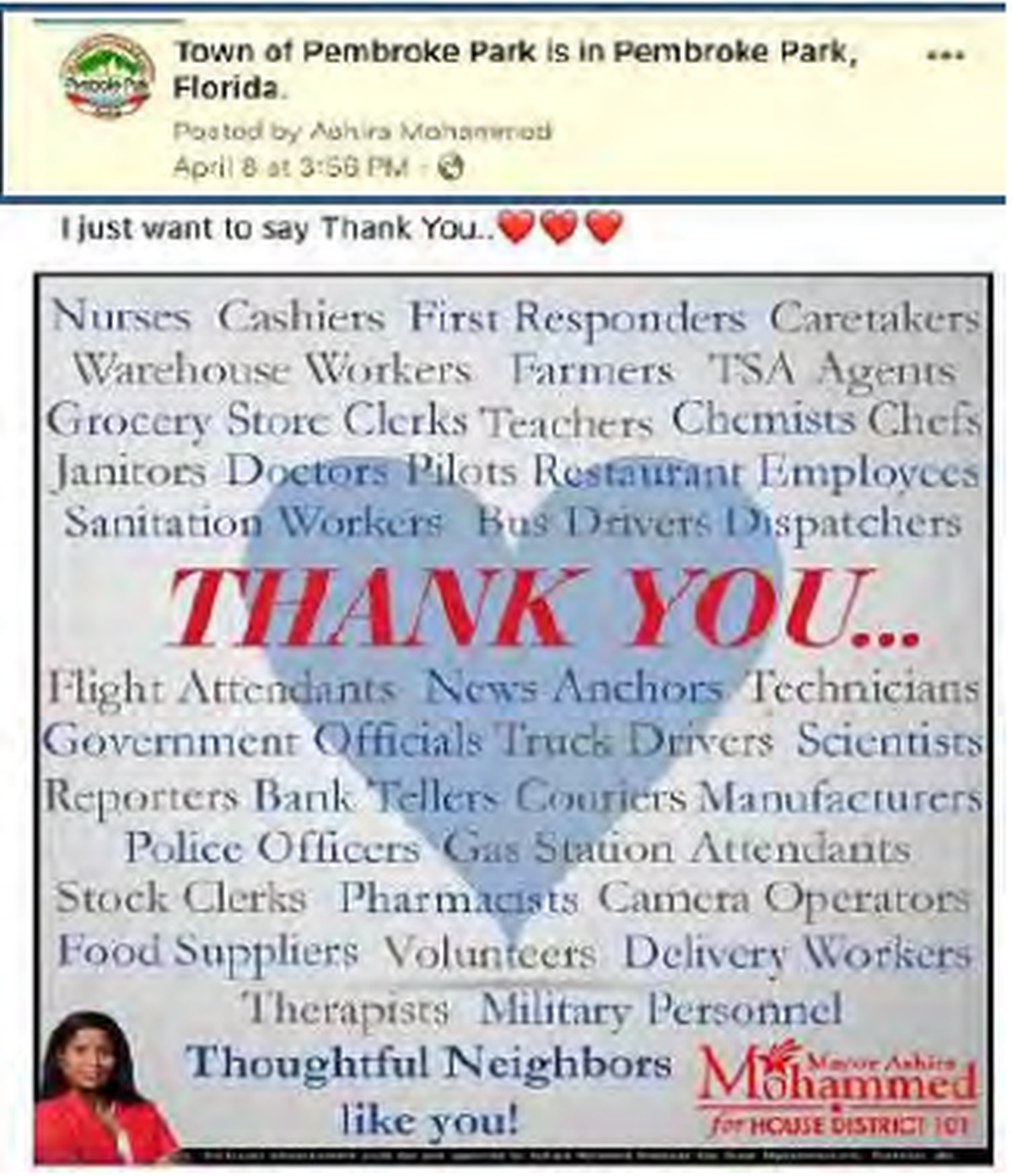 A Facebook post from the town of Pembroke Park promoted the Florida House of Representatives campaign of Mayor Ashira Mohammed.