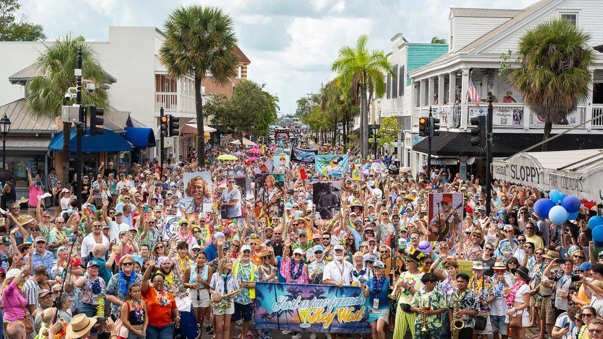 Several thousand fans of the late Jimmy Buffett parade Sunday, Aug. 31, 2025, during the 2025 Just a Few Friends festival celebrating the famed singer-songwriter’s life and legacy. The festival took place over Labor Day weekend in Key West, Fla., Buffett’s home during some of his most productive years and the subject of many of his enduring songs.
