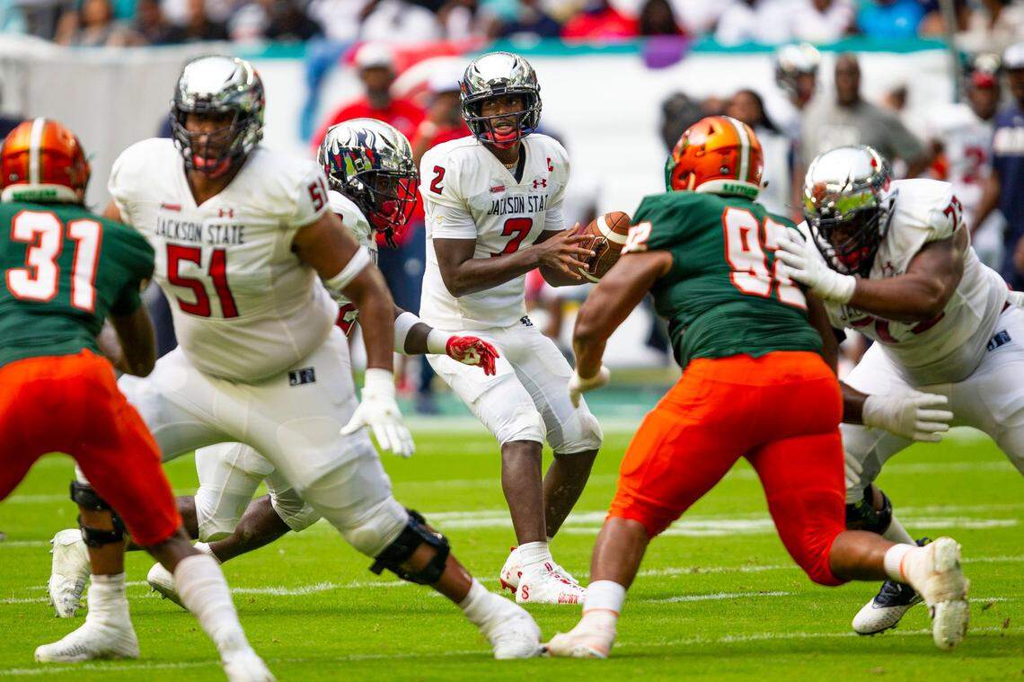 Jackson State University quarterback Shedeur Sanders (2) looks to throw the ball during the first quarter of the Orange Blossom Classic against Florida A&M University at Hard Rock Stadium in Miami Gardens, Florida, on Sunday, September 5, 2021.