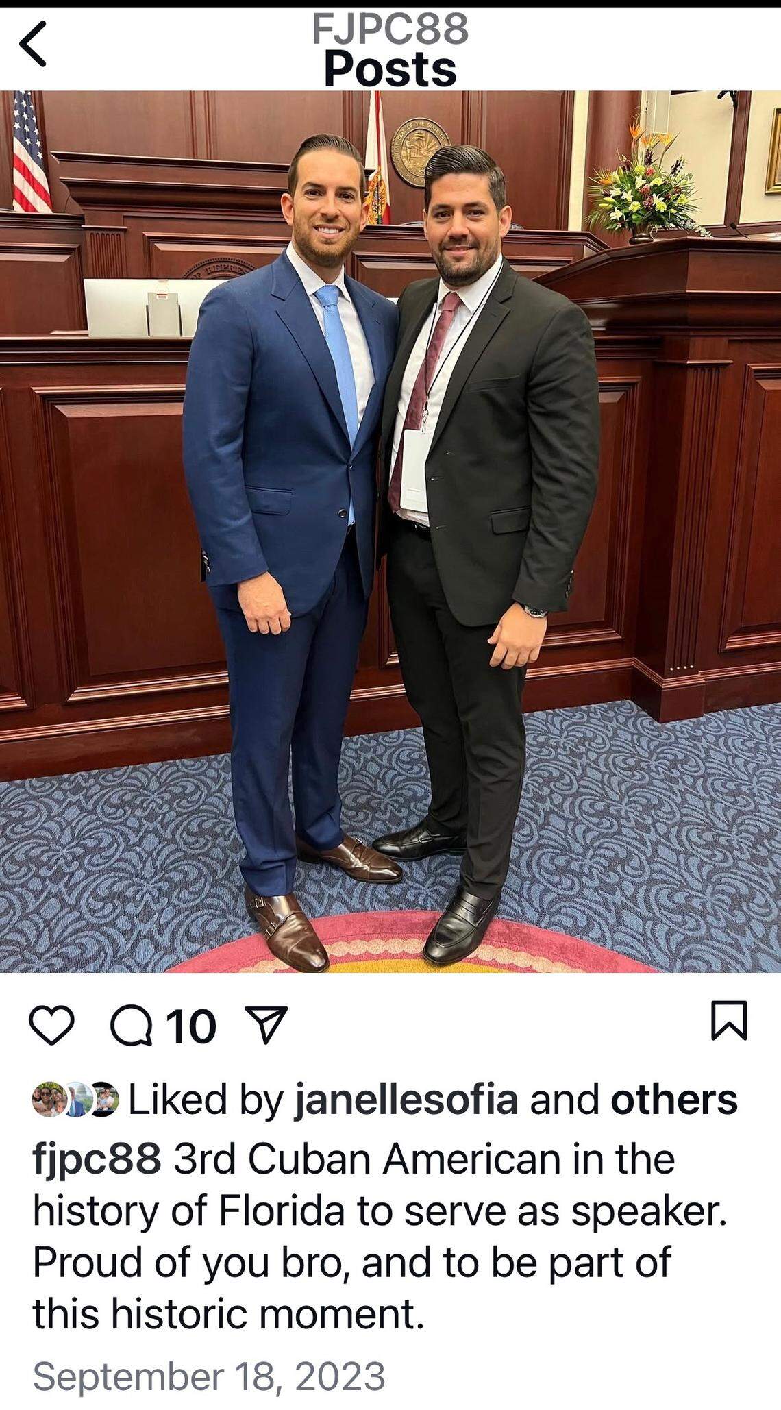 In this Sept. 18, 2023, Instagram post, Francisco Petrirena, right, poses with future Florida House Speaker Danny Perez. At the time, the two worked together at a healthcare company.