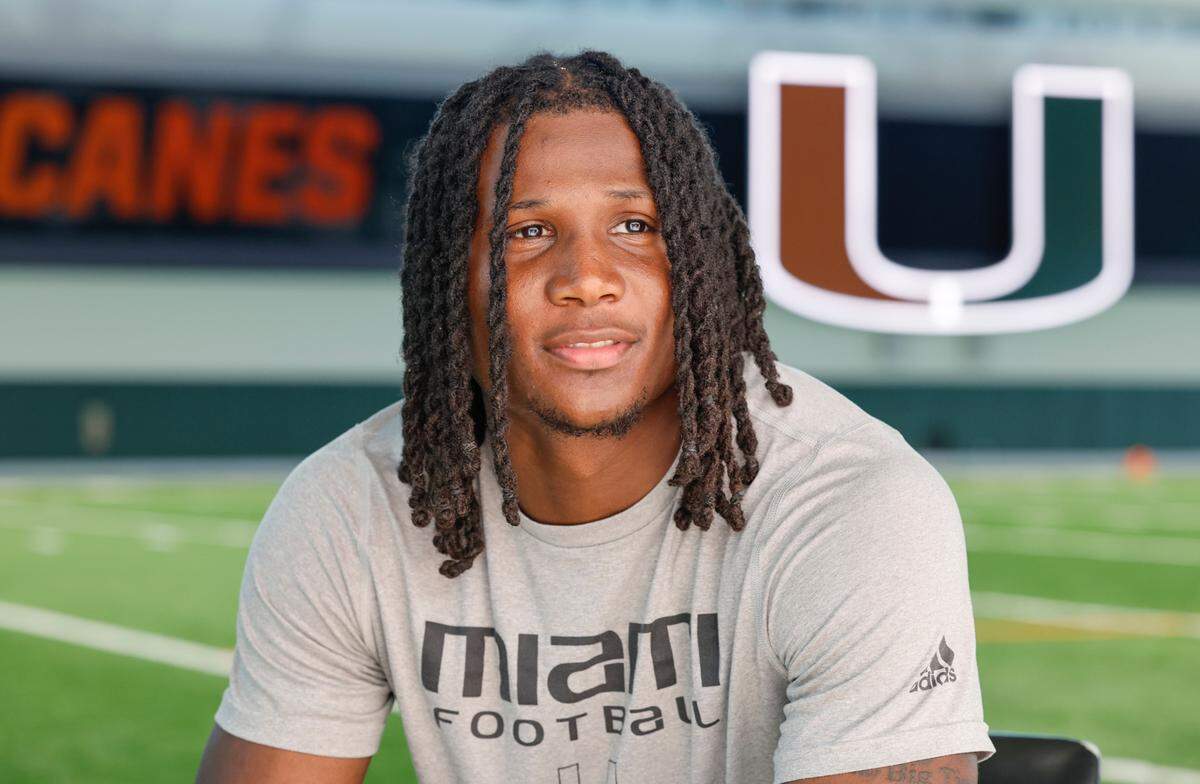 Miami Hurricanes defensive back Te’Cory Couch at the Carol Soffer Indoor Practice Facility at the University of Miami’s Greentree Field on Thursday, March 9, 2023.