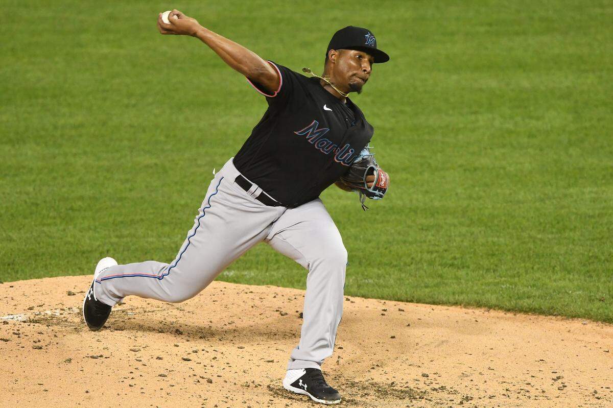 WASHINGTON, DC - AUGUST 22: Making his major league debut, Sixto Sánchez #73 of the Miami Marlins, pitches in the second inning during game two of a doubleheader baseball game against the Washington Nationals at Nationals Park on August 22, 2020 in Washington, DC. (Photo by Mitchell Layton/Getty Images)