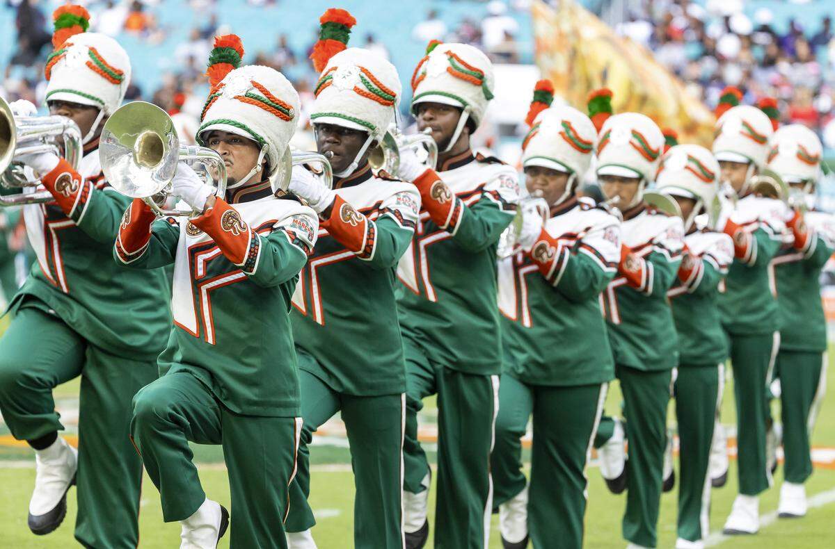 The Marching 100 performs during the halftime of the Orange Blossom Classic football game between Howard Bison and Florida A&M Rattlers at Hard Rock Stadium on Saturday, Aug. 30, 2025, in Miami Gardens, Fla.