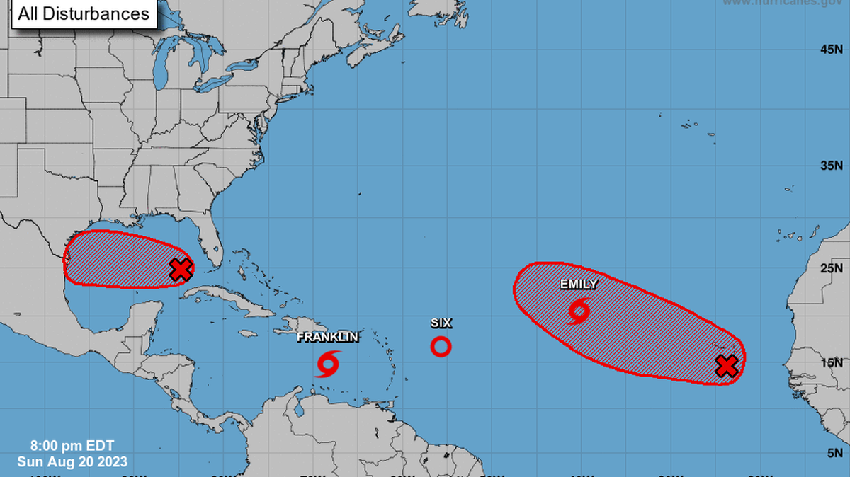 Tropical storms Franklin and Emily — along with five other disturbances — were being monitored in the Atlantic Ocean on Sunday, Aug. 20, 2023.