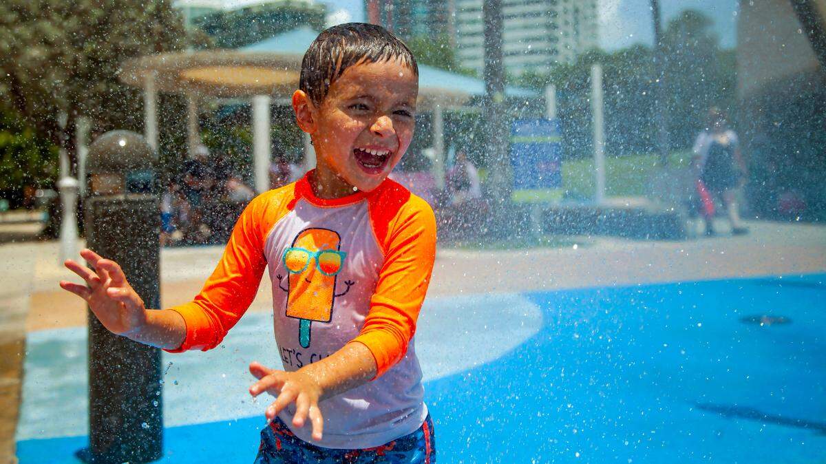 Lukas Rodriguez, 4, plays in the splash pad area at South Pointe Park on Wednesday, July 5, 2023 in Miami Beach, Fla.