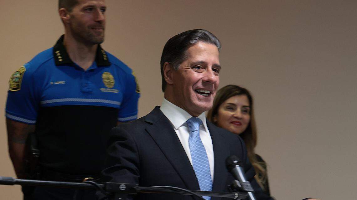 Superintendent Alberto Carvalho takes a punt and smiles after being asked which basketball team he will now support, the Heat or the Lakers. On Thursday, December 9th, 2021 Miami-Dade Public Schools Superintendent Alberto Carvalho announced his departure for Los Angeles as its new superintendent during his press conference at iPrep Academy in Miami, Florida.
