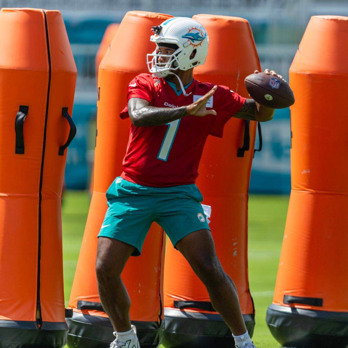 Miami Dolphins quarterback Tua Tagovailoa (1) throws the ball during training camp at Baptist Health Training Complex on Friday, July 26, 2024, in Miami Gardens, Fla.