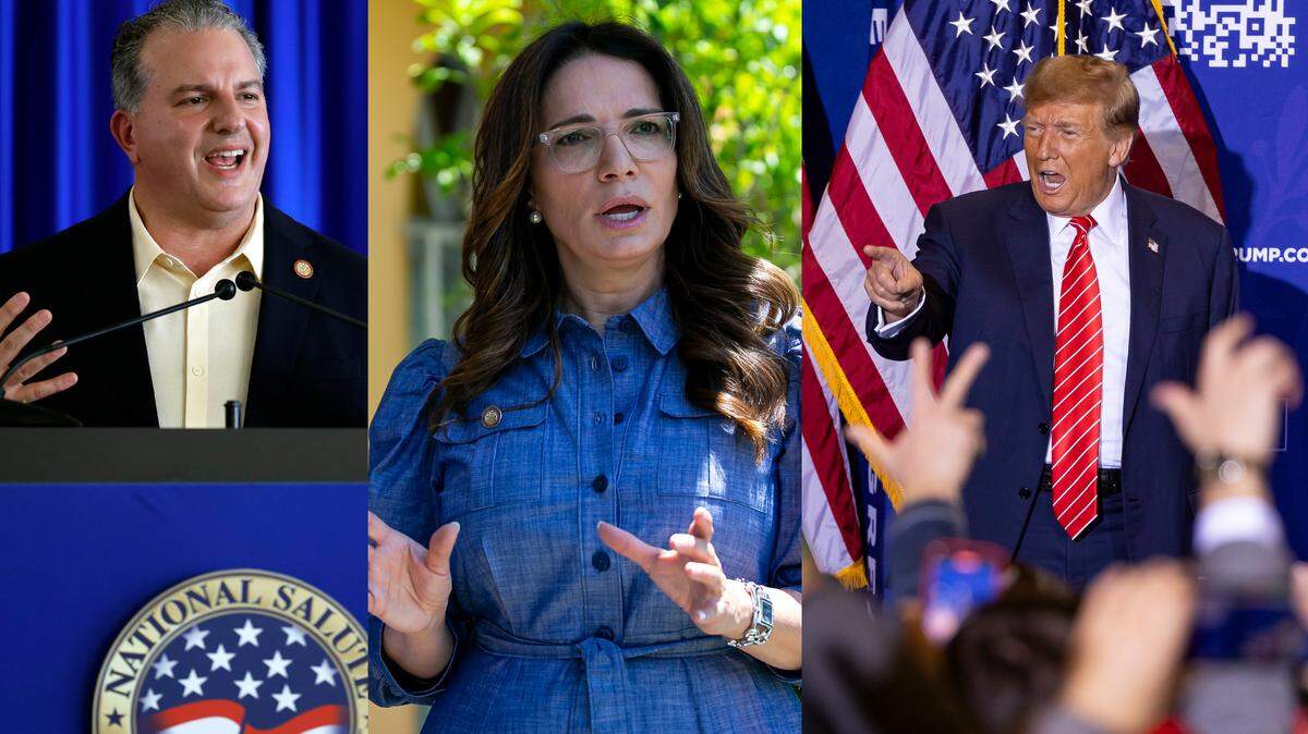 Florida Chief Financial Officer Jimmy Patronis, Republican Florida State Sen. Ileana Garcia of Miami and Republican presidential candidate former President Donald Trump. Patronis and Garcia are pushing a bill in the Florida Legislature to give billionaire Trump some $5 million in taxpayer funds to help with his legal bills.