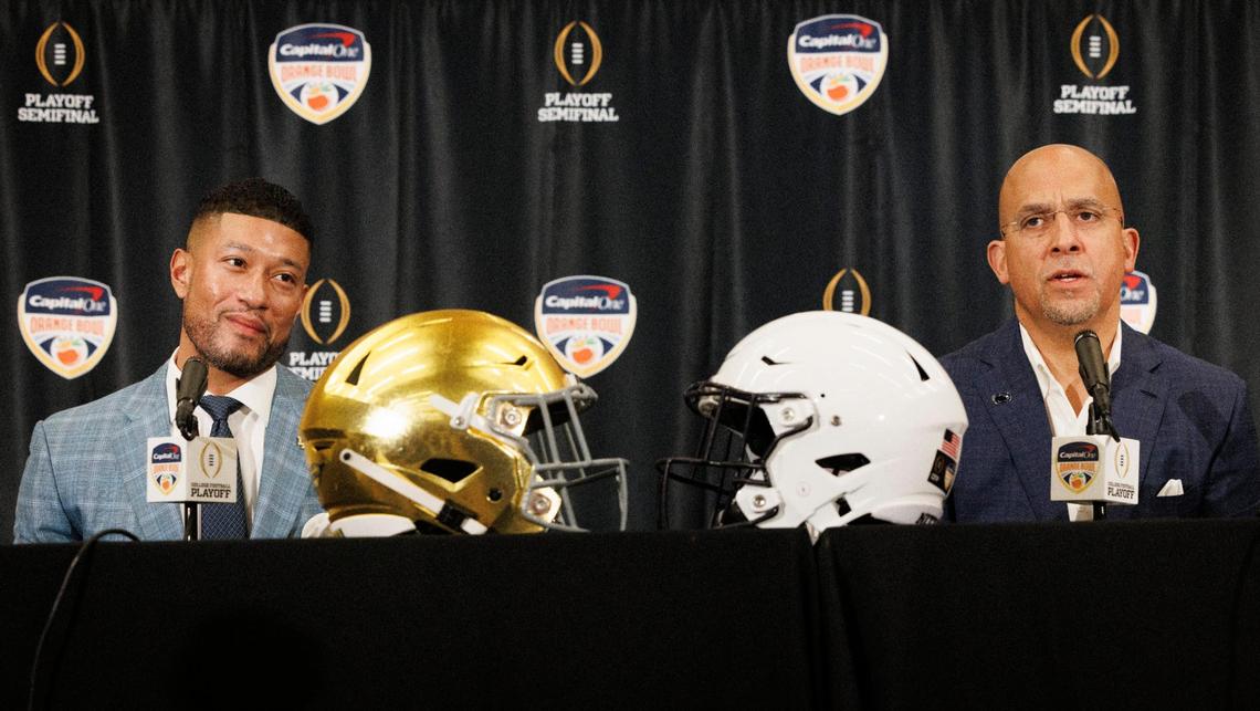 Penn State Head Football Coach James Franklin, right, speaks during an Orange Bowl press conference Notre Dame Head Coach Marcus Freeman on Wednesday, Jan. 8, 2025, at Le Meridien hotel in Dania Beach.