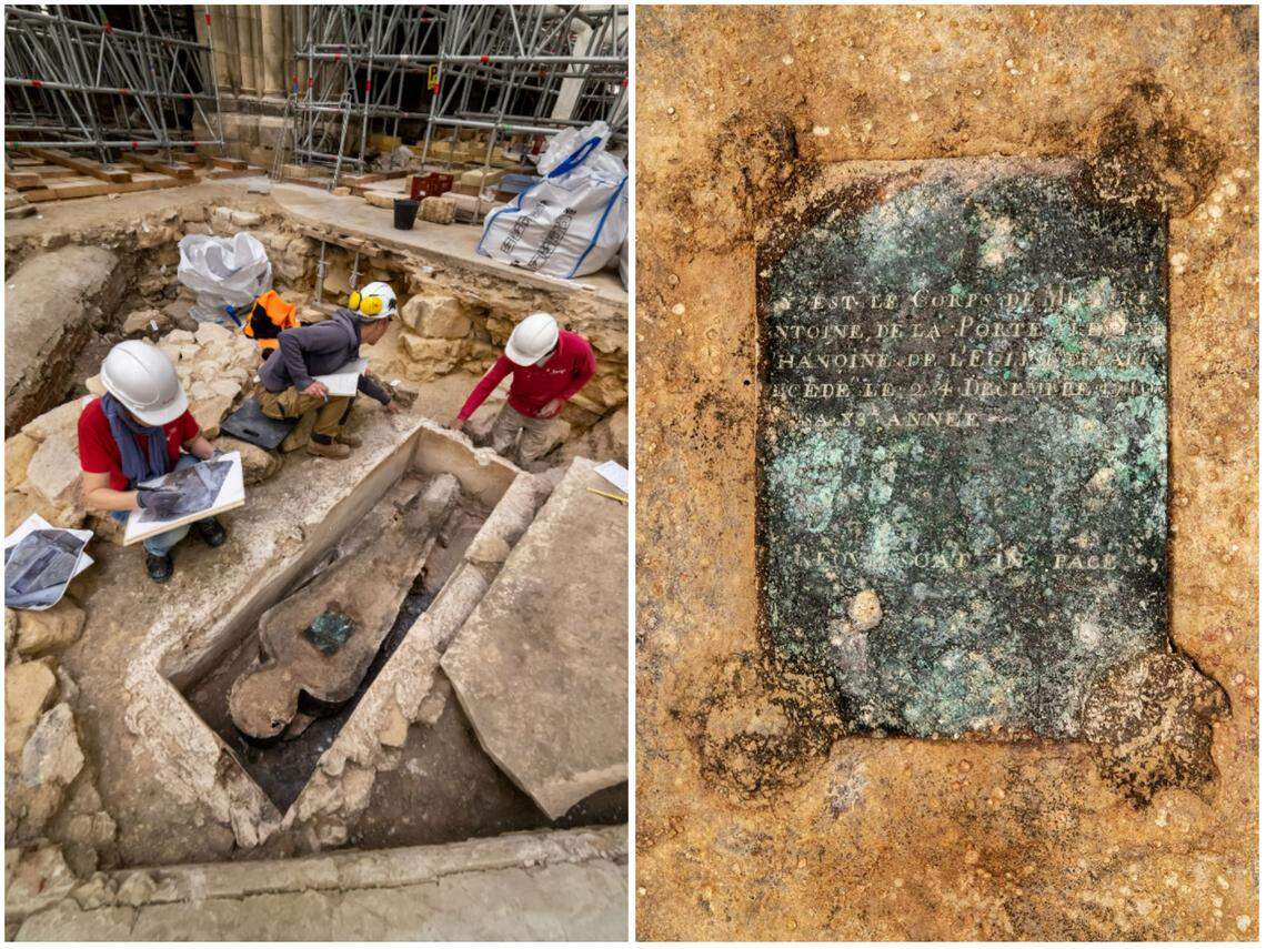 Left: The sarcophagus of Antoine De La Porte at Nore Dame Cathedral. Right: Close up of the plaque on De La Porte’s sarcophagus.