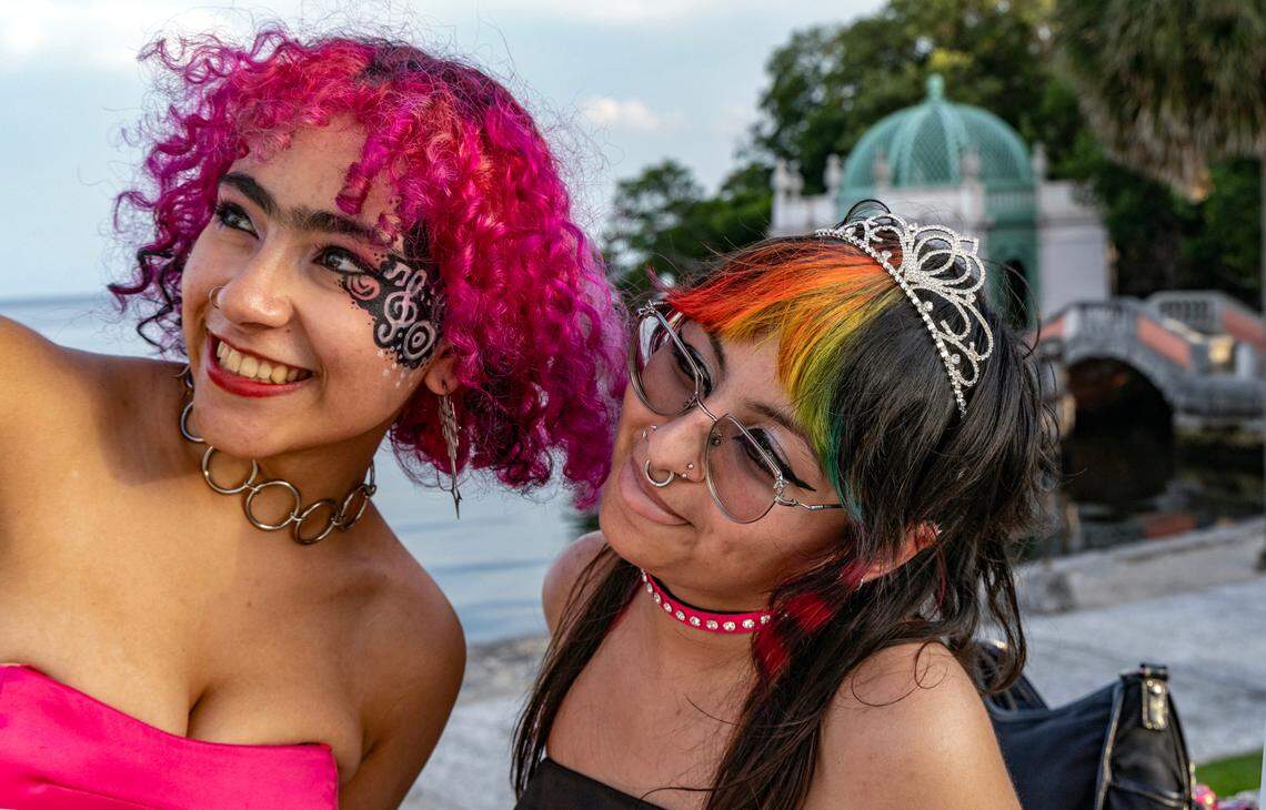 Students, Flint Nocito, 17, and Sophia Diaz, 20, left to right, arrive for Safe Schools South Florida’s prom for queer youth. The event provided students with the full prom experience in a welcoming and affirming space at the Vizcaya Museum and Gardens in Miami, Florida, on Saturday, May 31, 2025.