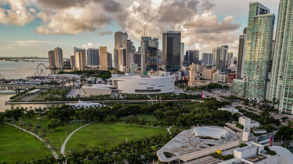 View of Miami skyline including the Kaseya Center, home oof the Miami Heat, in Miami, on Saturday, August 16, 2025.

