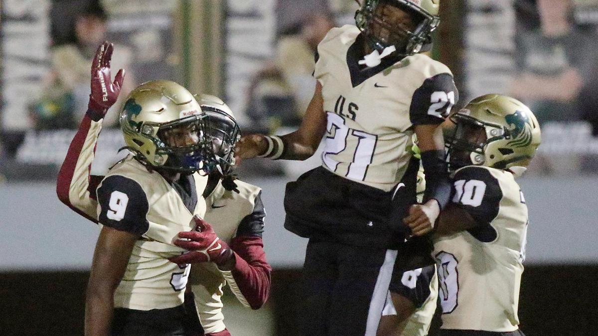 Immaculata-La Salle Royal Lions wide receiver Tyrone Williams III (9) celebrates a touchdown against Ransom Everglades Raiders during the football game on Thursday, November 7, 2024 at Immaculata-La Salle HS in Miami.