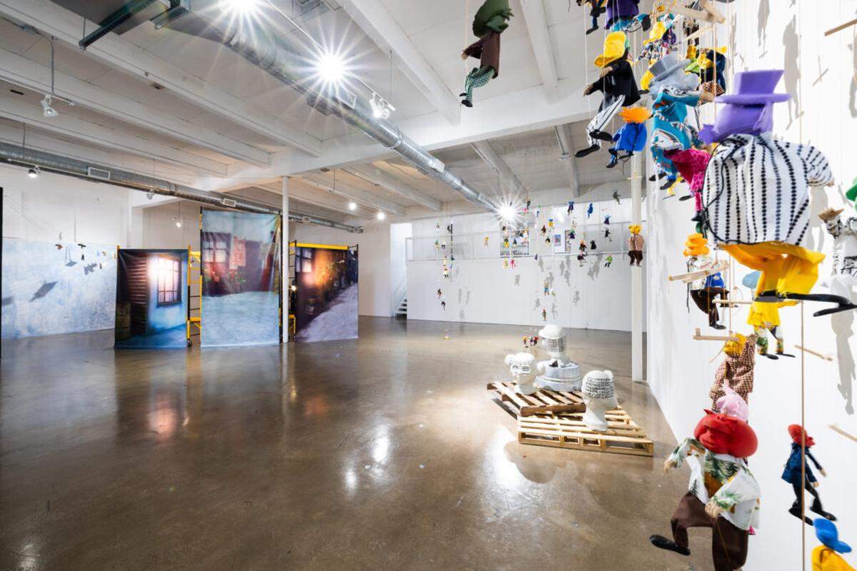 Daniel Almeida and Adrian Rivera’s “The Elephant Never Forgets” installation view in the main exhibition area of Locust Projects.