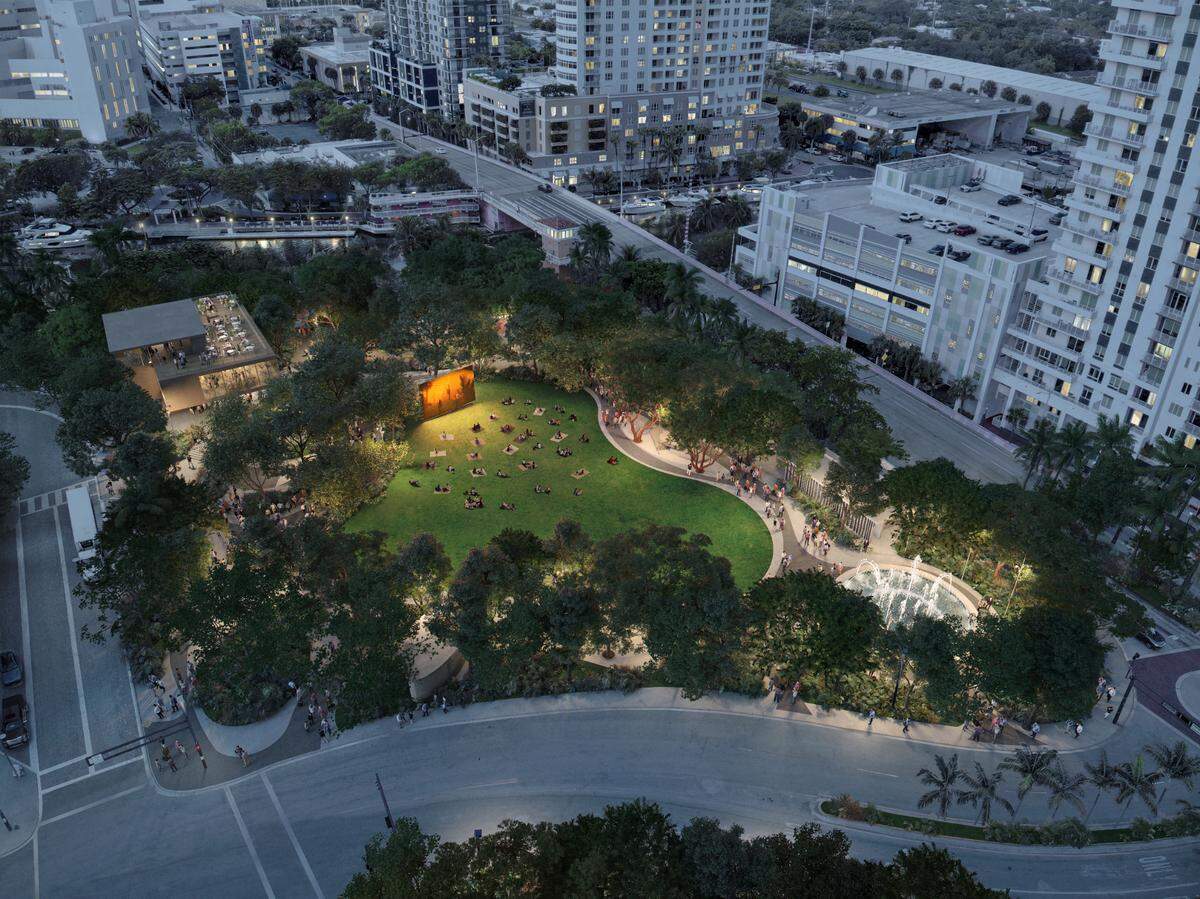 The Fort Lauderdale Downtown Development Authority leads efforts to revitalize the riverfront Huizenga Park with a $15 million budget. Above: An aerial rendering of the completed project.