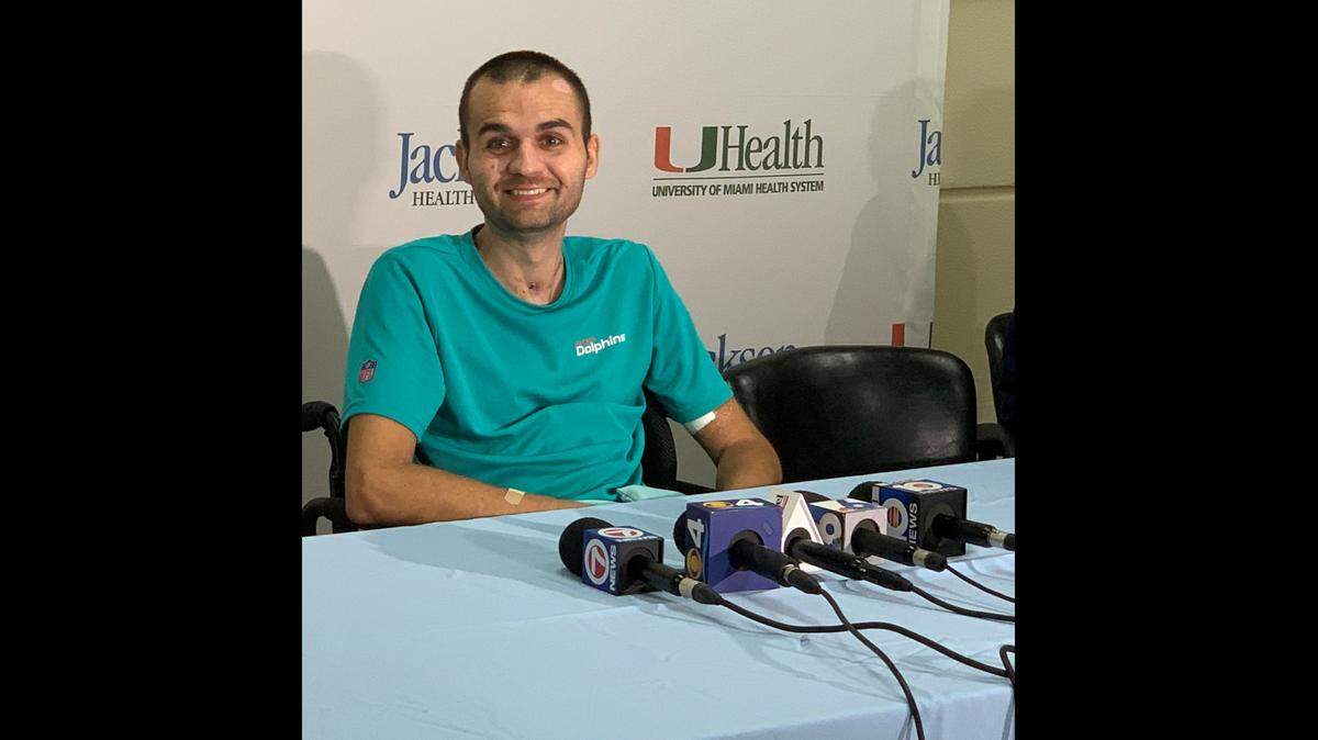 Nick Williams, 28, was in good spirits while speaking with a group of reporters about his road to recovery during a briefing at Ryder Trauma Center of Jackson Memorial Hospital.