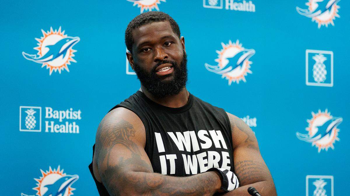 Miami Dolphins offensive tackle Terron Armstead (72) speaks with the media after NFL football training camp at Baptist Health Training Complex in Hard Rock Stadium on Tuesday, August 1, 2023 in Miami Gardens, Florida.