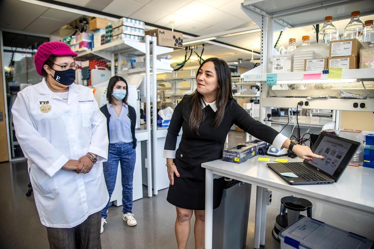 From left: Ebony Coats, lab manager, and Grad Vanessa Berrios listen as Diana Azzam, Ph.D., an FIU assistant professor (far right), explains cancer-related studies conducted in her lab at the FIU Modesto Maidique Campus.