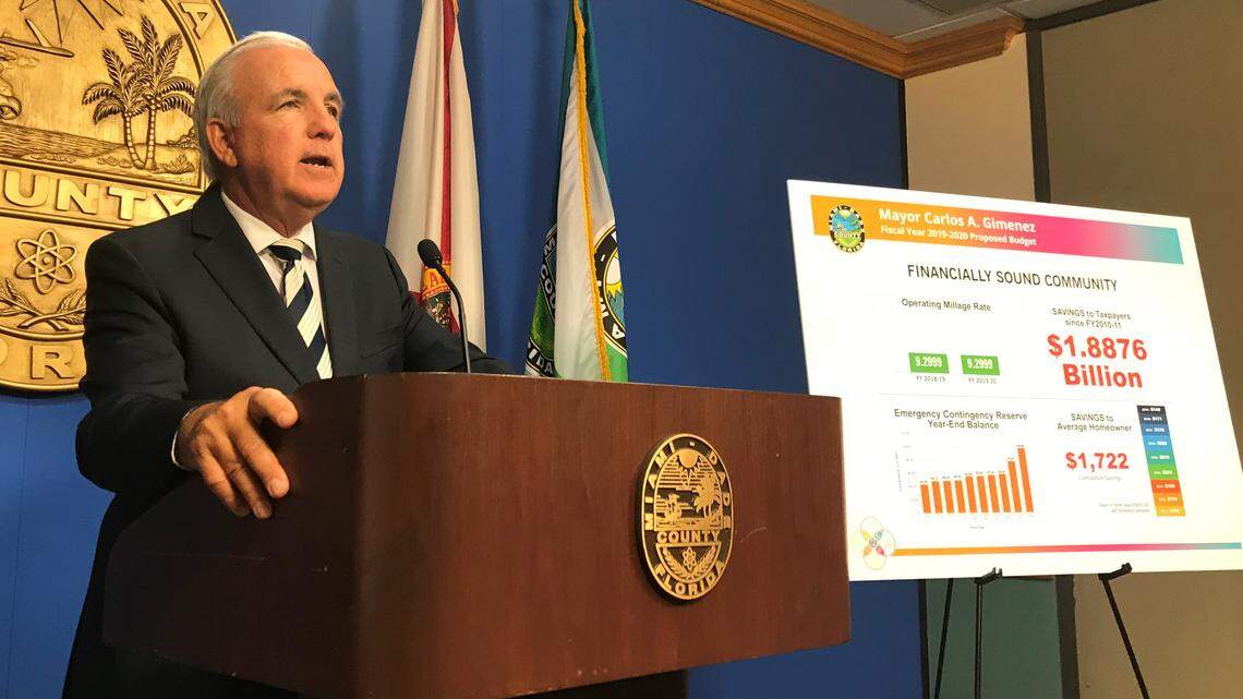 Miami-Dade Mayor Carlos Gimenez presents his proposed 2020 budget during a County Hall press conference on July 9, 2019. He’s proposing mostly flat tax rates and spending boosts across the board. The budget includes higher fees and projected revenue shortfalls in the coming years.