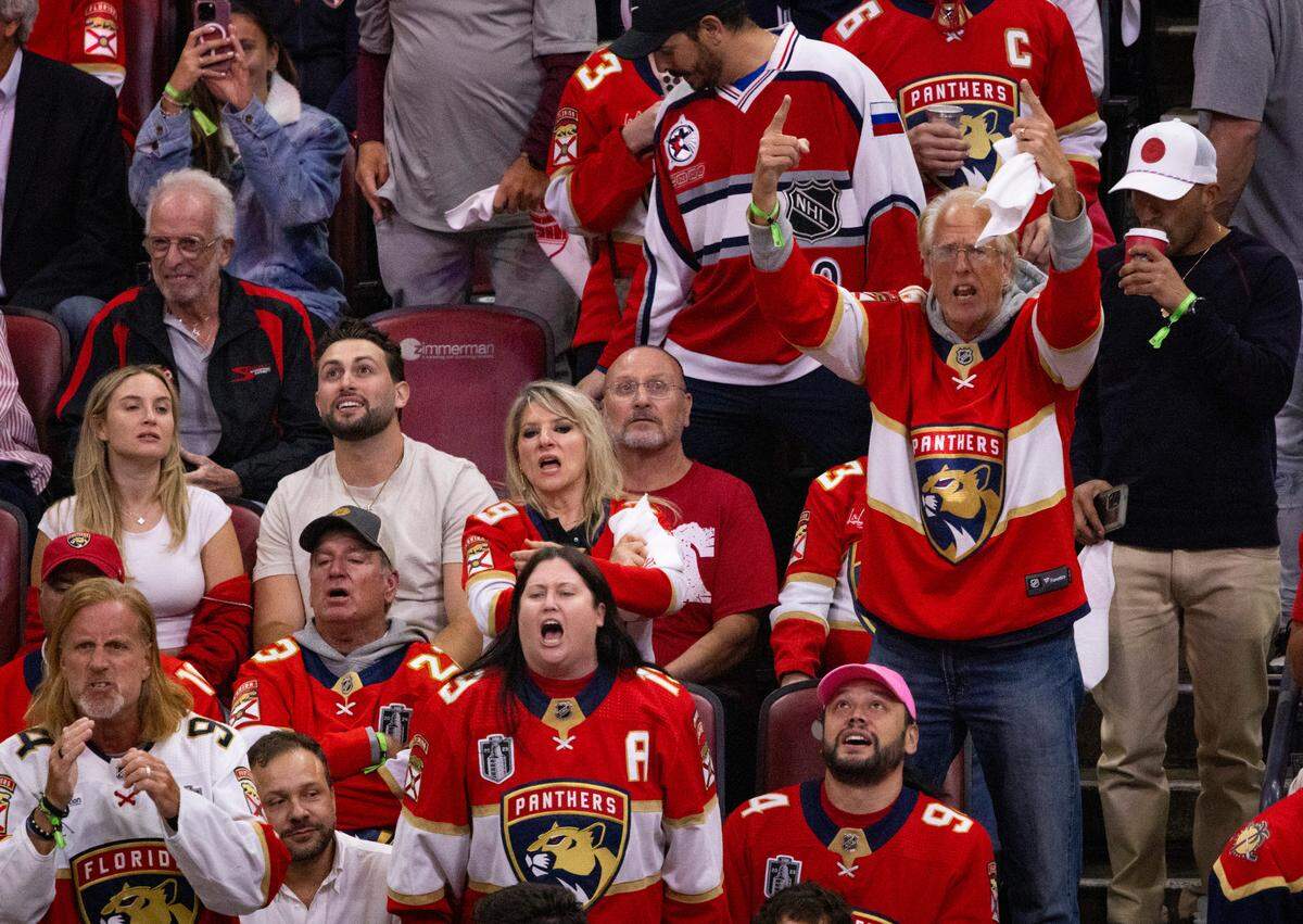Florida Panthers fans boo the referees after a call in the second period of Game 4 during the Eastern Conference final of the NHL Stanley Cup playoffs at the Amerant Bank Arena on Monday, May 26, 2025 in Sunrise, Fla.