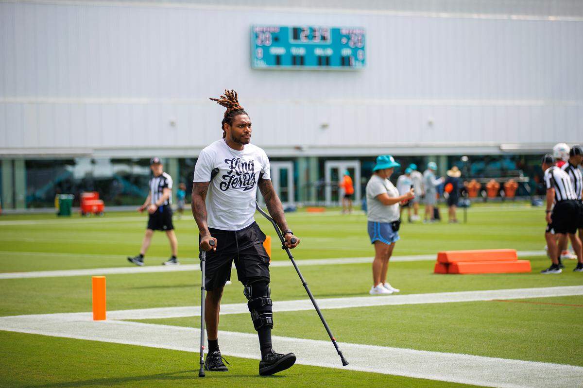 Miami Dolphins cornerback Jalen Ramsey (5) walks on the field during NFL football training camp at Baptist Health Training Complex in Hard Rock Stadium on Thursday, August 3, 2023 in Miami Gardens, Florida.