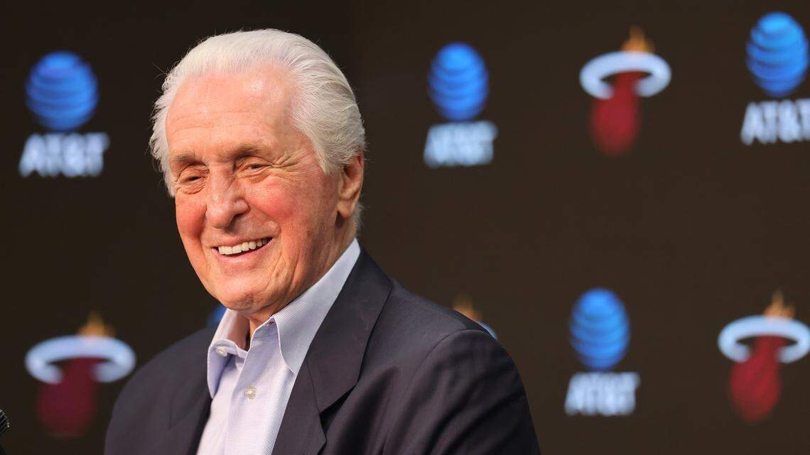 Heat president Pat Riley, smiles while answering a question during his season-ending press conference at Kaseya Center on Monday, April 27, 2026, in Miami, Florida.