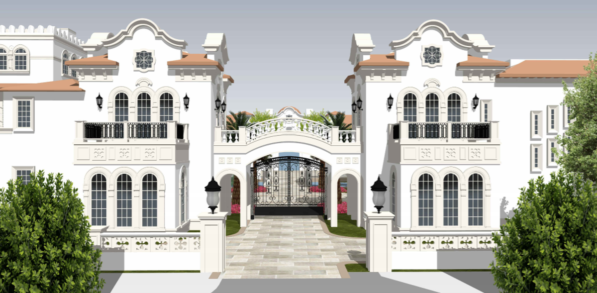 La pareja de filántropos David y Leila Centner quiere construir una mansión en el 5011 de Pine Tree Drive. Arriba: Una representación de la puerta y la entrada a la finca propuesta, extraída de la solicitud presentada a la ciudad de Miami Beach.