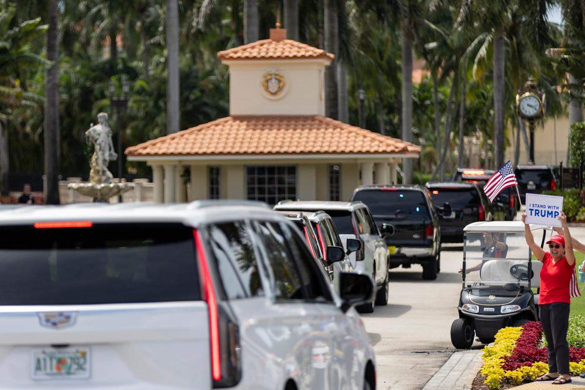 Former President Donald Trump and his motorcade arrive at Trump National Doral Miami on Monday, June 12, 2023, in Doral, Fla. Supporters of former President Donald Trump gathered outside his hotel one day before his expected arraignment in federal court in Miami Tuesday.