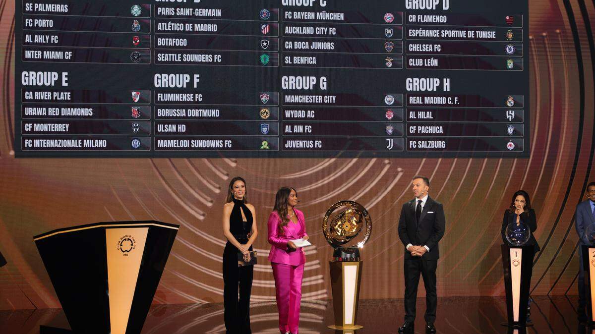 Dec 5, 2024; Miami, FL, USA; TV hosts Diletta Leotta, Samantha Johnson and former Italian soccer player Alessandro Del Piero on stage after the FIFA Club World Cup draw at Telemundo Studios. Mandatory Credit: Sam Navarro-Imagn Images