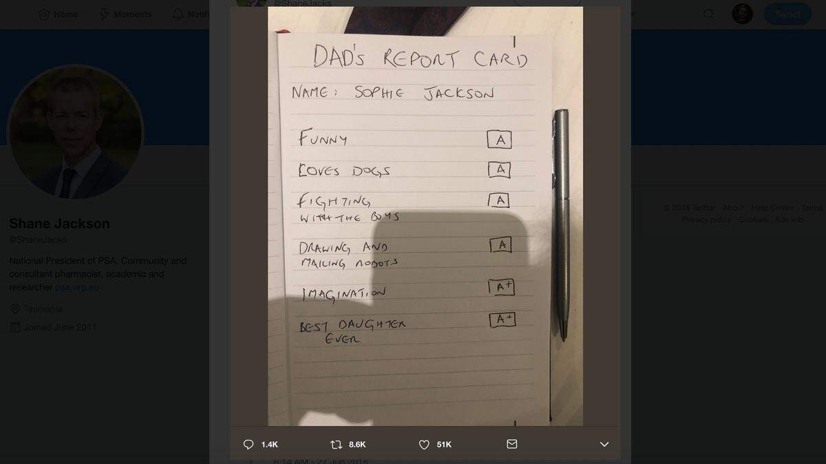 Shane Jackson, from Tasmania, Australia, said his daughter Sophie, who is autistic, was crushed after getting straight D's on her school report card. The dad decided to make a report card of his own — and his tweet about it quickly spread